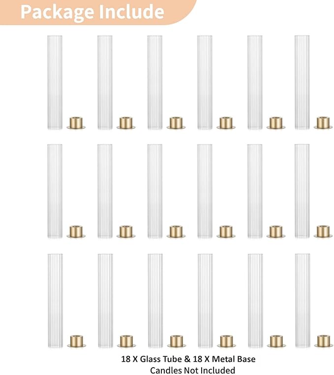 NUPTIO Hurricane Glass Candle Holders: Set of 18 Gold Taper Holders Bulk with Fluted Sleeves - Brass Candlestick Holders for Table Centerpiece Decoration