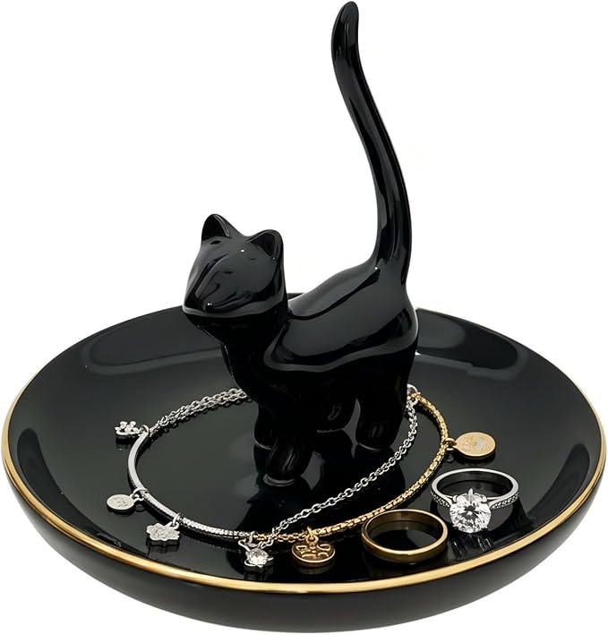 ROSA&ROSE Cat Ring Holder Trinket Tray Ceramic Jewelry Dish Porcelain Ring Organizer Gift for Women, Girlfriend or Valentine's Day (Black)