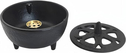 Small Cast Iron Incense Burner Holder, Home Decor, Bowl Design with Decorative Lid, Black Incense for Sticks, Resin, Cone Incense or Wax Melts
