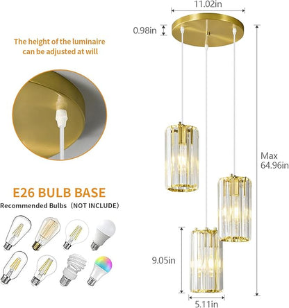 Gold Pendant Lighting Modern Pendant Light, Mini Crystal Chandeliers,Adjustable Pendant Light Fixture for Kitchen Island Dinning Room Corridor Bedroom(Gold 3-Light)