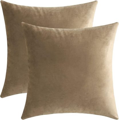 Jeneoo Light Brown Decorative Throw Pillow Covers Velvet Super Soft Thick Solid Square Euro Cushion Cases Pillowcase for Sofa Living Room Decor, Set of 2, 18 x 18 Inches