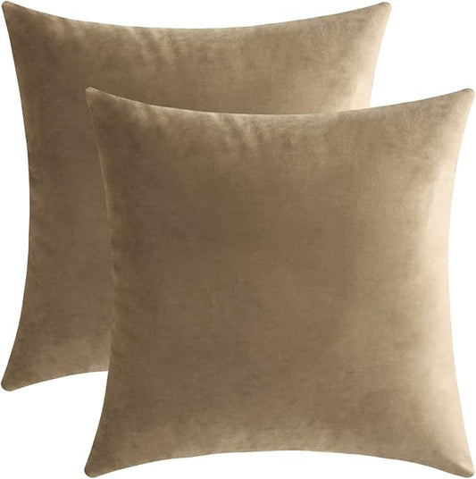 Jeneoo Light Brown Decorative Throw Pillow Covers Velvet Super Soft Thick Solid Square Euro Cushion Cases Pillowcase for Sofa Living Room Decor, Set of 2, 18 x 18 Inches