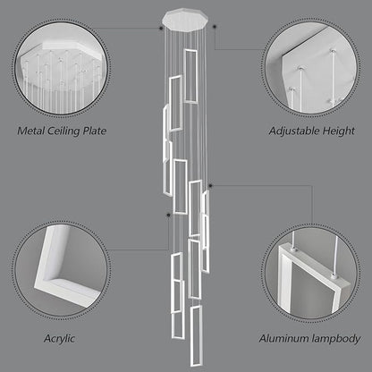 Modern Adjustable Height Pendant Light Fixture - White 252W LED Pendant Lights with 12 Rings - Rectangular Chandelier for Staircase, Lobby, Living Room, Foyer and High Ceiling