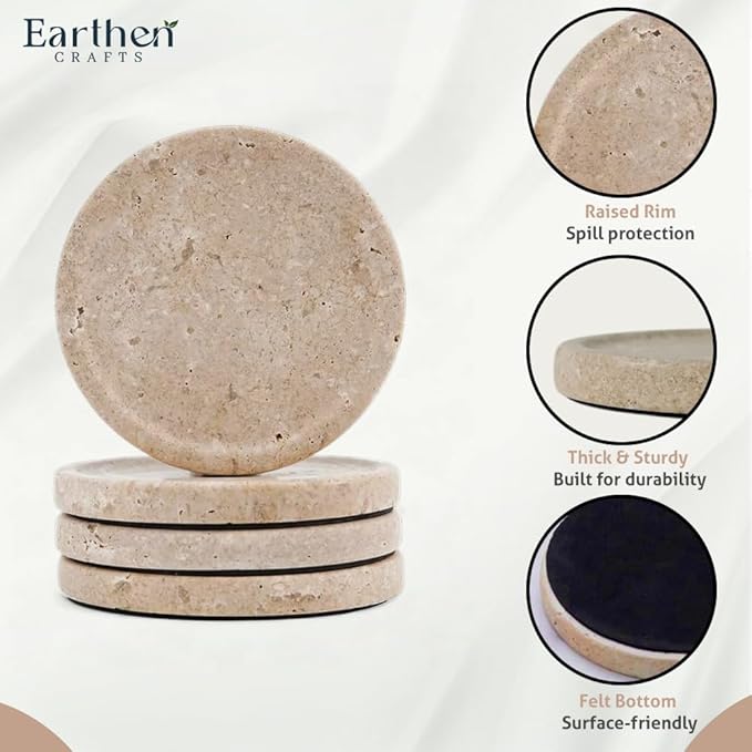 Travertine Marble Coasters Set of 4 for Drinks 4 Inches Round Drink Coaster for Kitchen Countertop, Modern Home Decor