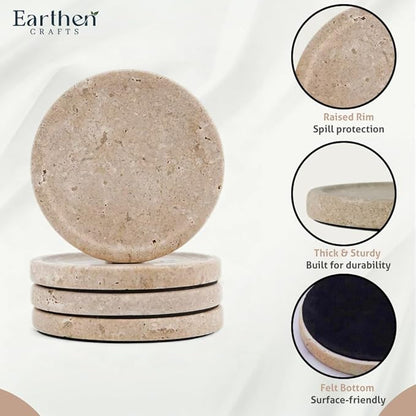 Travertine Marble Coasters Set of 4 for Drinks 4 Inches Round Drink Coaster for Kitchen Countertop, Modern Home Decor