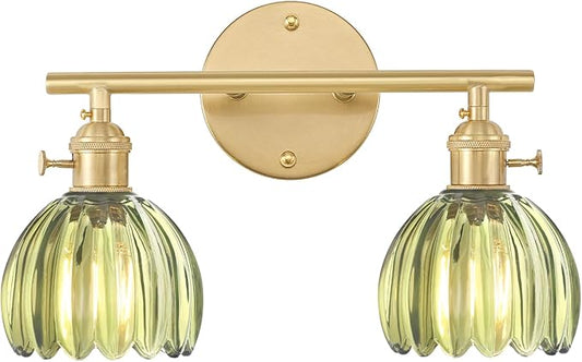 Bathroom Light Fixtures, 2-Light Brass Vanity Wall Light Over Mirror with Green Tulip Glass Shade for Bedroom Living Room (Bulb Not Included)
