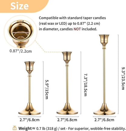 2 Sets(6 Pcs) Brass Gold Metal Taper Candle Holders Candlestick Holders, Vintage Modern Decorative Centerpiece Candlestick Holders for Table Mantel Wedding Housewarming Gift