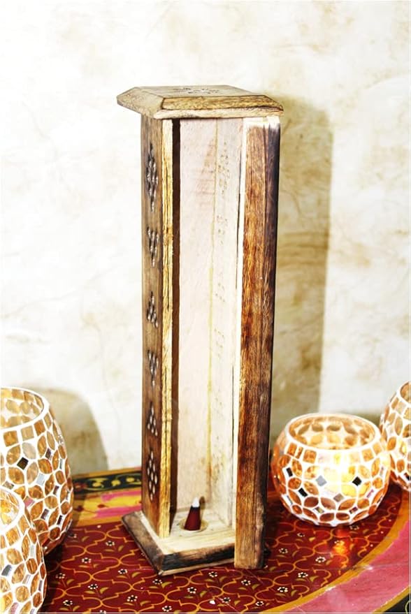Hosley Hand-Carved Wooden Incense Stick Holder Tower – Tall Decorative Burner Box with Hinged Door for Aromatherapy, Meditation, Yoga, Home & Office Décor (Includes 20 Incense Sticks)