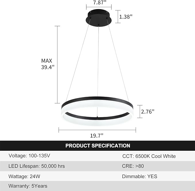 Buccleuch Modern LED Chandelier - Dimmable 19.7" Black Round Pendant Light, Height Adjustable UL-Certified Ceiling Light for Dining Room, Kitchen Island, Living Room, Bedroom, Foyer