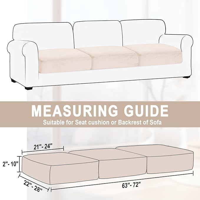 Couch Cushion Cover Velvet 3 Pieces Seat Cushion Cover Stretch Sofa Covers Separate Sectional Sofa Slipcovers Furniture Protector (3-Seater or Backrest, Beige)