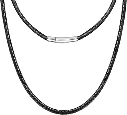 Leather Necklace Cord with Stainless Steel Clasp, Black/Brown Color Waterproof Wax Rope Chain 2mm 3mm Wide Braided Cord String Necklaces for Men Women 16"-30"