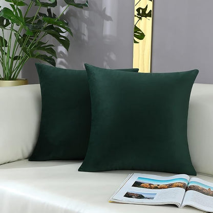 mixeoo Comfy Dark Green Throw Pillow Covers Christmas Decorative Square Solid Thick Velvet Super Soft Cushion Cases Home Decor for Sofa Couch, Set of 2, 18 x 18 Inch