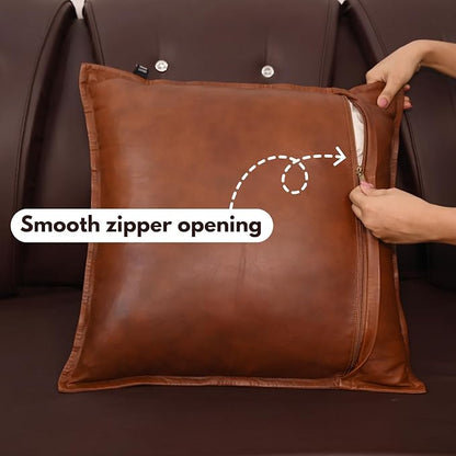 D DOLLY LAMB Lambskin Leather Pillow Cover - Sofa Cushion Case - Decorative Throw Covers for Living Room & Bedroom, 20x20 Inches - Dark Tan Box