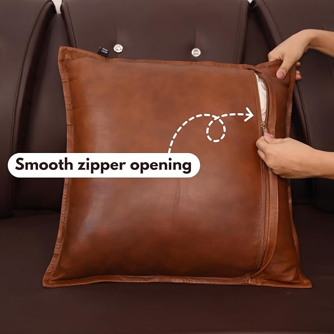 D DOLLY LAMB Lambskin Leather Pillow Cover - Sofa Cushion Case - Decorative Throw Covers for Living Room & Bedroom, 14x14 Inches - Dark Tan Box
