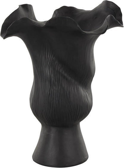 Deco 79 Ceramic Abstract Floral Inspired Vase with Wavy Folded Rim and Linear Grooves, 8" x 7" x 11", Black