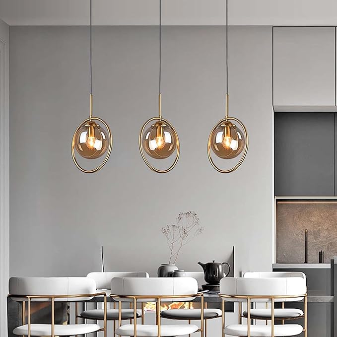 Pendant Light Modern Minimalist Hanging Lamp with Spherical Glass Shade and Brass Metal Ring Adjustable Height for Dining Room Bedroom Living Room (Amber)