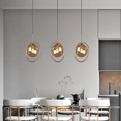 Pendant Light Modern Minimalist Hanging Lamp with Spherical Glass Shade and Brass Metal Ring Adjustable Height for Dining Room Bedroom Living Room (Amber)