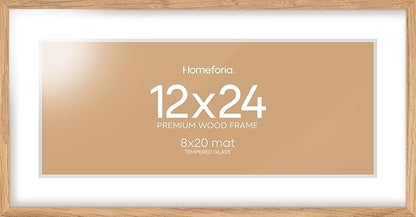 Homeforia 12x24 Wood Frame, High End Natural Oak 12x24 Light Wooden Picture Frame with Mat 8x20, 12 x 24 Poster Frames Matted to 8 by 20 Photo, 24x12 Hanging Frames, Tempered Glass, Wall Kit, Set of 1