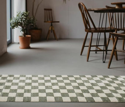 Revival Rugs Gambit 2'7"x9' Checkered Rug Machine Washable Runner Rug for Hallway Entryway - 100% Recycled Oeko-TEX Certified, Medium Pile, Green, Beige