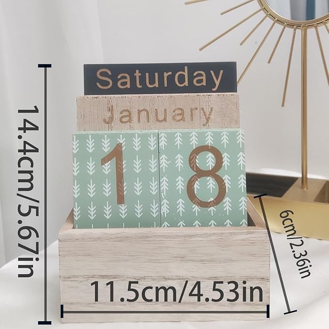Wooden Perpetual Calendar for Desk, Metal Wood Month Date Display for Teachers, Students, Classroom, Rustic Farmhouse Office Decor, Desk Accessories (Snowflake printed)