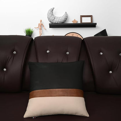 D DOLLY LAMB Lambskin Leather Pillow Cover - Sofa Cushion Case - Decorative Throw Covers for Living Room & Bedroom, 16x16 Inches - Black, Brown & Off White Pack of 2