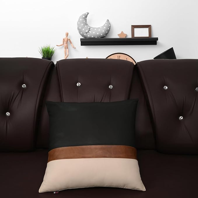 D DOLLY LAMB Lambskin Leather Pillow Cover - Sofa Cushion Case - Decorative Throw Covers for Living Room & Bedroom, 18x18 Inches - Black, Brown & Off White Pack of 2