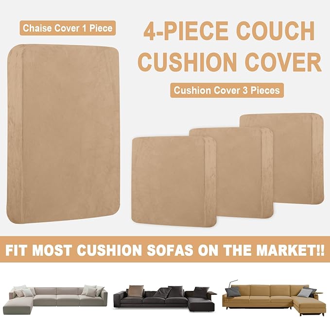 Sectional Couch Covers for 4-Piece Seat Cushion Velvet Separate L Shape Couch Cover Stretch Sofa Slipcover with 2 Pieces Pillowcases Furniture Protector (Sofa 3 Seater + 1 Chaise, Camel)