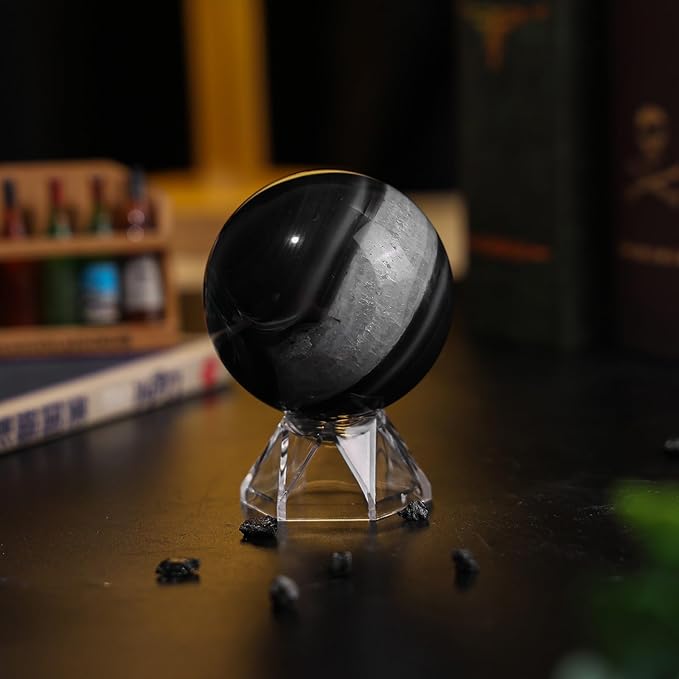 Natural Black Striped Agate Crystal Ball with Acrylic Display Base, 61-70mm Polished Stone Feng Shui Crystal Sphere Meditation Decoration for Home & Office