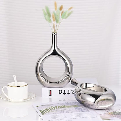 Glossy Silver Vase Ceramic Silver Vases Home Decor,Modern Minimalist Circle with Hole Decorative Vase, Hollow Ellipse Flower vases for Bookshelf, Fireplace Mantle, Centerpieces,Farmhouse,Rustic Décor