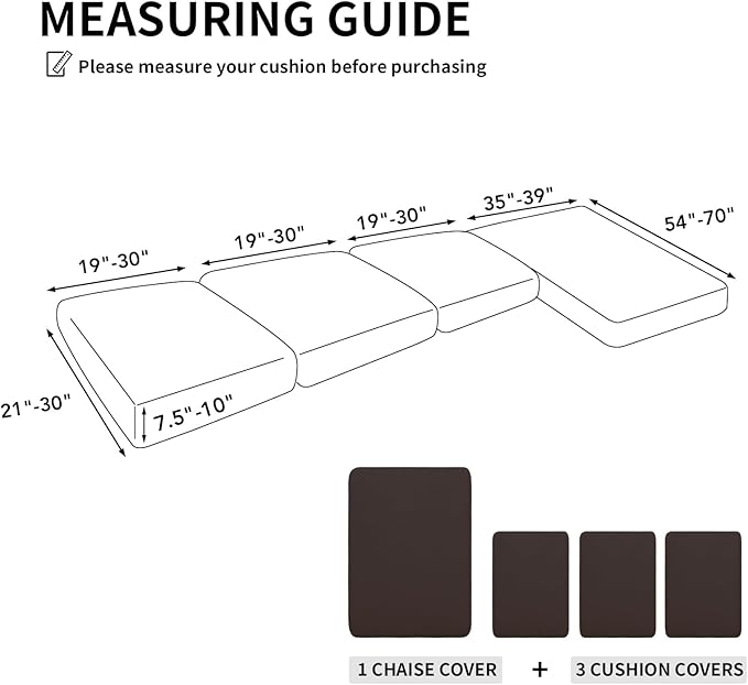 Easy-Going 100% Waterproof 4 Pieces Couch Cushion Covers for Sectional Sofa Left/Right L Shape Chaise Lounge Sofa Seat slipcover Anti-Slip Sofa Cover (3 Seater + 1 Chaise, Chocolate