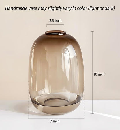 GeLive Brown Glass Vase Round Clear Colored Flower Vase for Centerpiece Long Stem Branch Fresh Artificial Plant Bottle Modern Home Indoor Decoration (Brown)