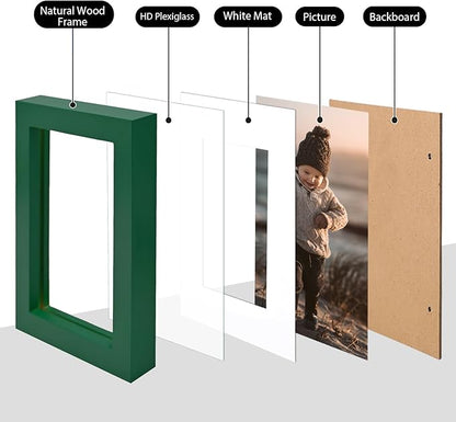 KINLINK 4x6 Frame Green, Solid Wood 4 x 6 Picture Frame with Acrylic Plexiglass for 3.5x5 with Mat, Tabletop and Wall Display Photo Frames 4x6 Green, 4 Pack