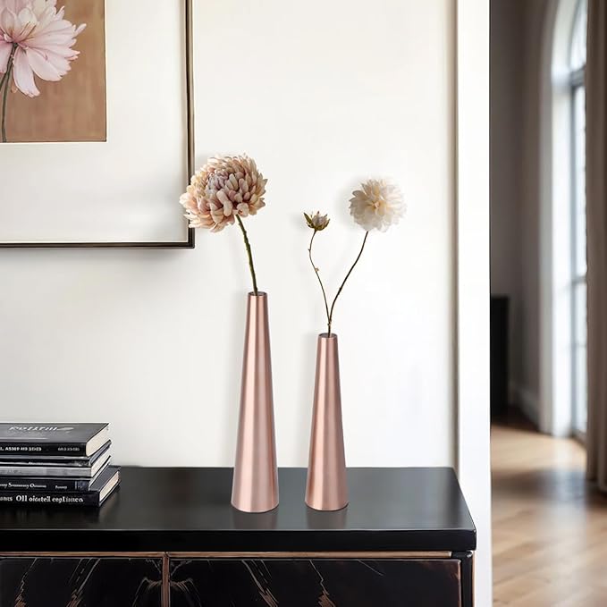 Vixdonos 10.5/8.5 inch Gold Metal Vase Small Dried Flower Vase Set of 2 Taper Vase for Wedding Table Centerpiece Decorations, Home Decor (Rose Gold)