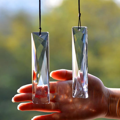 2PCS 5" Large Crystal Sun Catcher Prisms, stino Hanging Suncatchers with Glass Prism, Rainbow Maker for Windows, Balcony, Kitchen, Garden Decoration (1, Net Rectangle Clear 2Pcs)