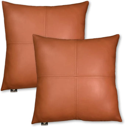 LL LEATHER LOVERS Lambskin Leather Pillow Cover, Hand Panel Stitched Leather Decorative Throw Pillow Covers for Couch Sofa Bed Living Room Garden (22x22 Inches, Tan Plain Pack of 2)