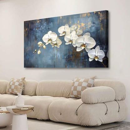 Abstract White Butterfly Orchid Canvas Wall Art for Living room Office Bedroom Flowers Wall Art Print Oil Paintings Modern Blue Gold Rain Mist Pictures Wall Decor Artwork Ready to Hang - 20in * 40inch