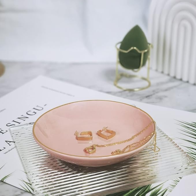 HANKOR 4.75" Ceramic Jewelry Tray, Small Ring Dish Holder Trinket Tray, Catch All Trays for Ring Earring Necklace Key, Christmas Gifts for Women Girls, Pink