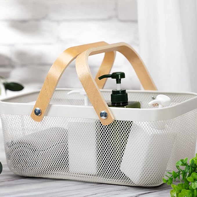 IBWell Square Metal Wire Woven Fruit Storage Bowl Basket with Wooden Handle, Large Black Mesh Fruit Stand, Multi-function Hanging Kitchen Baskets (White, Extended)