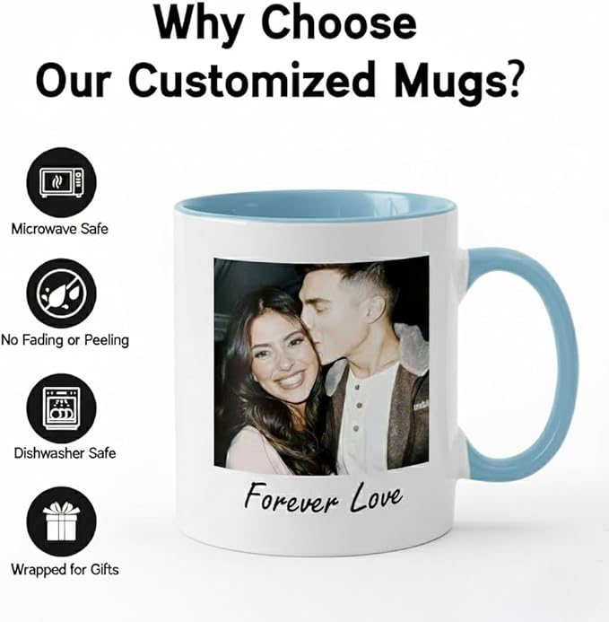 Custom Photo Coffee Mug, Personalized Forever Love Design Ceramic Cup for Anniversary Boyfriend Girlfriend Dishwasher Safe, 11oz (Sky Blue)