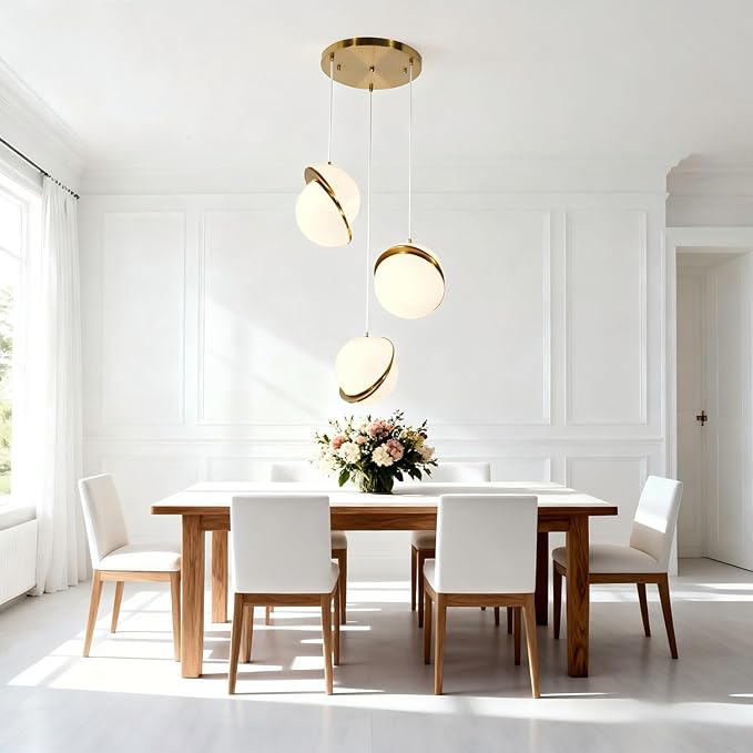 Modern 3-Light Magic Bean Spherical Pendant Light, Gold Chandelier Ceiling Light with Milky White Acrylic Lampshade, Adjustable Nordic Style Hanging Lamp for Corridor Living Room Dining Room