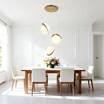 Modern 3-Light Magic Bean Spherical Pendant Light, Gold Chandelier Ceiling Light with Milky White Acrylic Lampshade, Adjustable Nordic Style Hanging Lamp for Corridor Living Room Dining Room