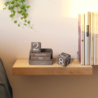 Wooden Block Calendar for Desk, Daily Desktop Perpetual Desk Calendar, Farmhouse Desk Accessories for Home Office Decor, Reusable Yearly, ‎‎Vintage Grey