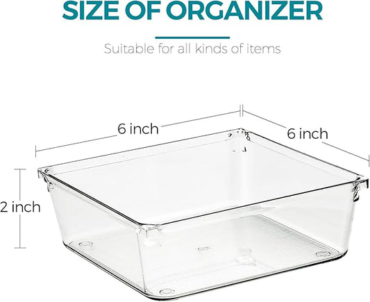 6 Pack Drawer Organizer - 6" X 6" Clear Acrylic Storage Bins with Non-Slip Pads, Versatile Desk Tray for Makeup, Jewelry, Kitchen, Bathroom, and Office Organization