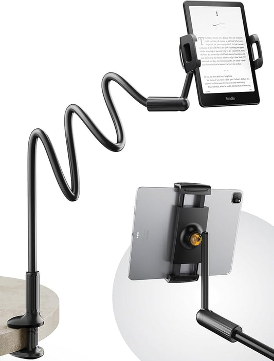 SAIJI 47" Gooseneck Kindle Holder, Tablet Holder for Bed with Upgraded Base, iPad Stand with Flexible Lazy Arm, Compatible with iPad/iPhone/Kindle/Switch or Other 4.7-11" Device (Black)