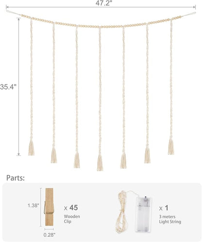 Mkono Macrame Hanging Photo Display Wall Decor with String Lights, Boho Wooden Beads Garland Collage Picture Card Frame Holder with 45 Clips for Bedroom Living Room Dorm, Teen Girls Christmas Gifts
