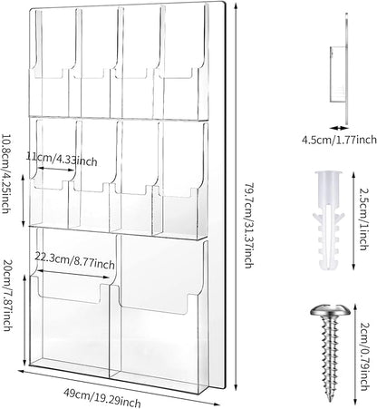 Weysat Acrylic Brochure Holder Wall Mount, Clear Plastic Pamphlet Holder Magazine Display Trifold Flyer Rack Hanging Literature Storage Organizer(2 Magazine Pockets, 8 Pamphlet Pockets)