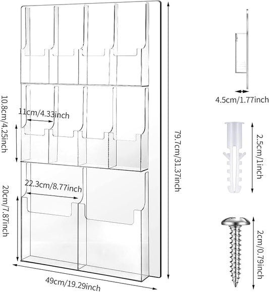 Weysat Acrylic Brochure Holder Wall Mount, Clear Plastic Pamphlet Holder Magazine Display Trifold Flyer Rack Hanging Literature Storage Organizer(2 Magazine Pockets, 8 Pamphlet Pockets)