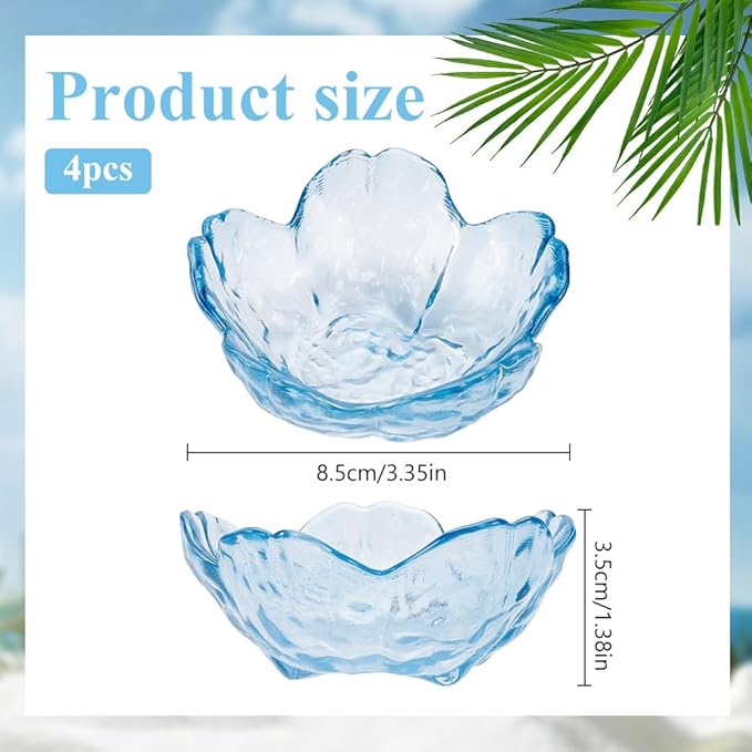PLIGREAT 4 Pcs Blue Flower Jewelry Dish, Trinket Tray Glass Ring Dish Small Flower Jewelry Tray for Key Earrings Rings Holder Vanity Bathroom Room Decor Gifts for Women