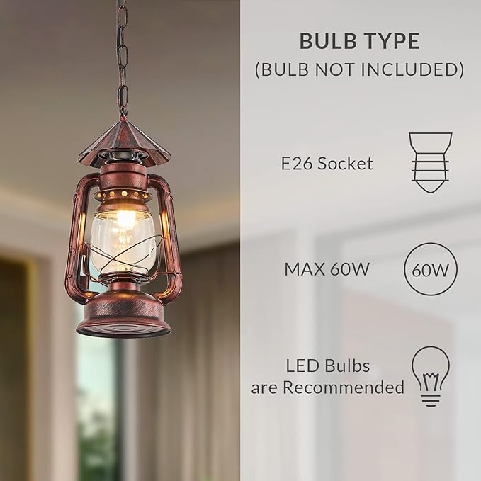 NOXARTE Vintage Pendant Light Lantern Ceiling Light Fixture with Glass Shade Adjustable Chain for Kitchen Island Farmhouse Loft Porch Width 7 Inch x Height 15 Inch