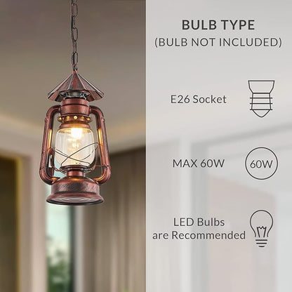 NOXARTE Vintage Pendant Light Lantern Ceiling Light Fixture with Glass Shade Adjustable Chain for Kitchen Island Farmhouse Loft Porch Width 7 Inch x Height 15 Inch